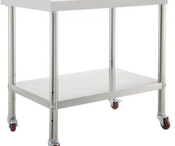 Rozsdamentes Acél Munkaasztal Állítható Polccal Görgőkkel 610x380x890 mm 200 kg