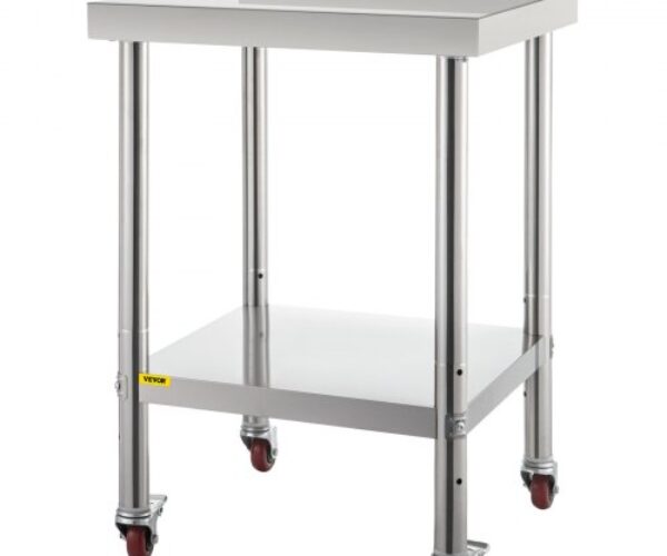 Rozsdamentes Acél Munkaasztal Állítható Polccal Görgőkkel 610x610x890 mm 200 kg