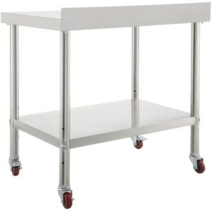 Rozsdamentes Acél Munkaasztal Állítható Polccal Görgőkkel 762x610x889 mm 199 kg