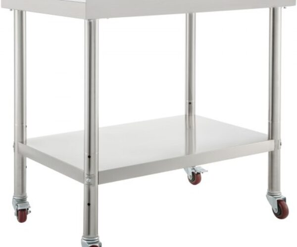 Rozsdamentes Acél Munkaasztal Állítható Polccal Görgőkkel 762x610x889 mm 199 kg