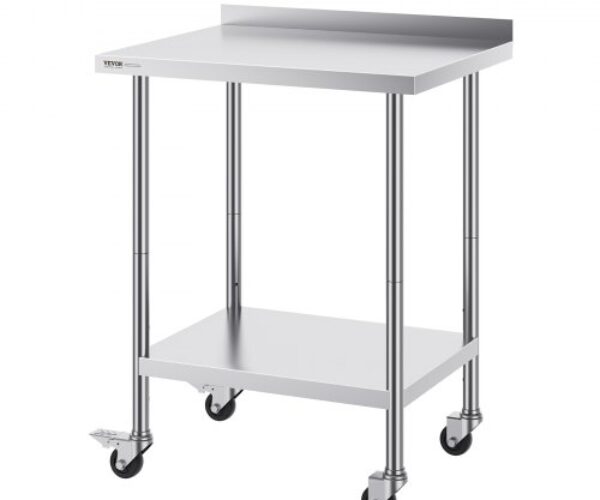 Oszlopos Rozsdamentes Élelmiszeripari Munkaasztal Görgőkkel 610×762 mm