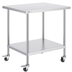 Oszlopos Rozsdamentes Előkészítő Asztal Négy Görgővel 762x914 mm