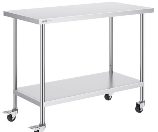 Rozsdamentes Acél Előkészítő Munkaasztal Görgőkkel 610×1220 mm