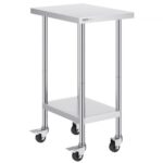 Rozsdamentes Előkészítő Munkaasztal Oszloppal Görgőkkel 610×457 mm