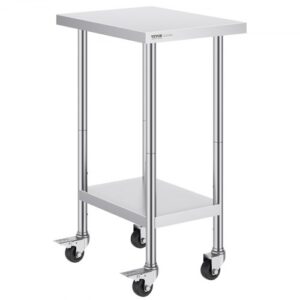 Rozsdamentes Előkészítő Munkaasztal Oszloppal Görgőkkel 610×457 mm