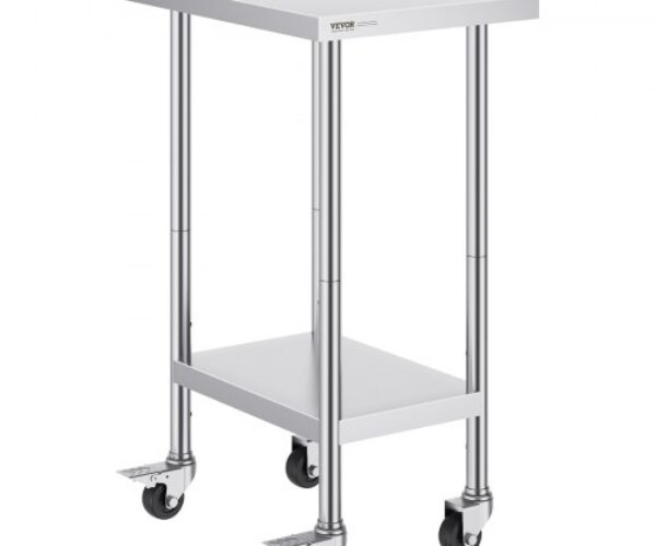 Rozsdamentes Előkészítő Munkaasztal Oszloppal Görgőkkel 610×457 mm